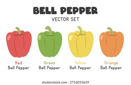 Ilustración vectorial plana de dibujos animados de pimientos de campana multicolores aislados sobre fondo blanco. Conjunto de Vector de pimiento rojo, verde, amarillo y naranja
