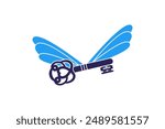 multicolor blue flying key with insect wings icon. Vector illustration isolated on white background.