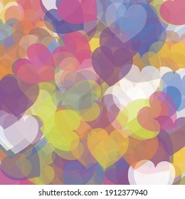Multicolor Blue Hearts Love Confetti Vector Print. Red Rainbow Bright Ornamental Fabrics. Purple Dark Romantic Wedding Background. Green Orange Yellow Saint Valentine Modern Design.