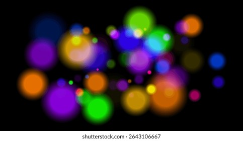 Multicolor blurred circles on dark backdrop. Bright glowing particles form warm atmospheric visual effect.