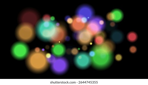 Multicolor blurred circles on dark backdrop. Bright glowing particles form warm atmospheric visual effect.