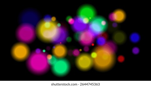 Multicolor blurred circles on dark backdrop. Bright glowing particles form warm atmospheric visual effect.