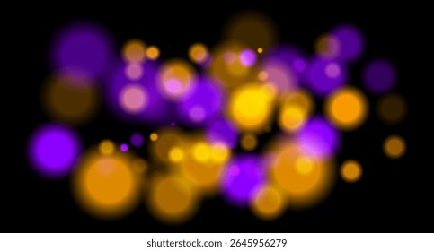 Multicolor blurred circles on dark backdrop. Bright glowing particles form warm atmospheric visual effect.