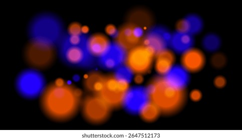 Multicolor blurred circles on dark backdrop. Bright glowing particles form warm atmospheric visual effect.