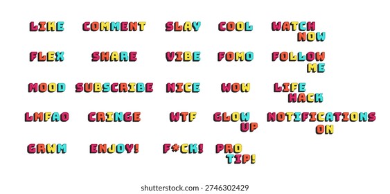 Multicolor bold popular internet slang words set. Like, fomo, life hack. Viral buzzwords. Online lingo. Chunky 3D letters with shadow effect. Fun typography collection. Bungee Shade font used