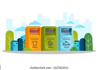 Multicolor boxes for used clothes donations stands on the street. Donation, volunteering and social charity concept. Vector flat cartoon illustration. Modern cityscape background