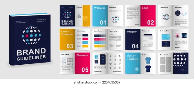 Multicolor Brand Guidelines template. Brand Manual presentation in A4 size. Logo Guideline mockup. Logo Guide Book layout. Logotype presentation