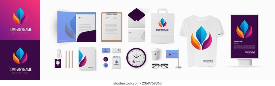 Multicolor branding template with modern minimal flower form logo and violet and blue backgrounds for school or beauty studio