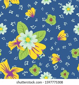 Multicolor bright beautiful hand drawn meadow flowers on trendy color 2020 blue background. Seamless vector texture abstract floral illustration flat style. Fashion wallpaper botanical repeat pattern.