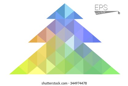 Multicolor bright low polygon style christmas tree vector illustration consisting of triangles . Abstract triangular polygonal origami or crystal design of New Years celebration. Isolated on white  