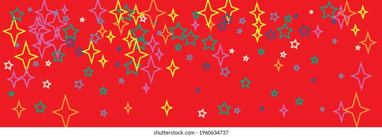 Multicolor Bright Print Green Violet Red Santa Illustration. Christmas Horizontal Vivid Stars Yellow Blue White Stars Pattern. Colorful Holiday Orange Chaotic Vibrant New Year Sky Wallpaper.