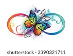 Multicolor, bright, rainbow symbol of infinity with rainbow, detailed butterfly monarch on white background. Rainbow butterfly. hand drawn vector art