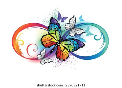 Multicolor, brillante, símbolo arcoiris de infinito con arco iris, monarca mariposa detallada sobre fondo blanco. Mariposa arcoiris. arte vectorial dibujado a mano