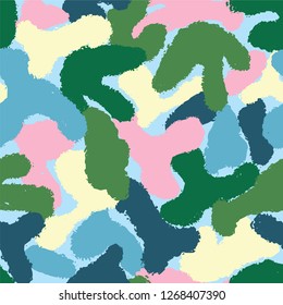 Multicolor bright seamless camo background. Flat abstract trendy vector wallpaper print. Seamless camouflage pattern. Military fashion design.