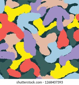 Multicolor bright seamless camo background. Flat abstract trendy vector wallpaper print. Seamless camouflage pattern. Military fashion design.
