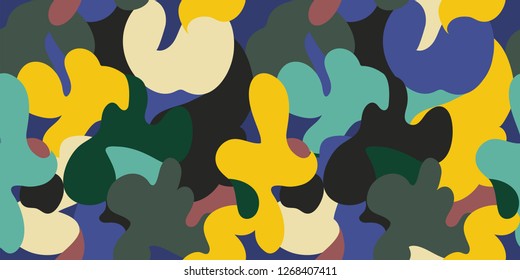 Multicolor bright seamless camo background. Flat abstract trendy vector wallpaper print. Seamless camouflage pattern. Military fashion design.