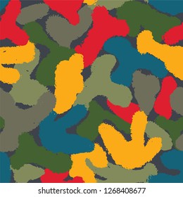 Multicolor bright seamless camo background. Flat abstract trendy vector wallpaper print. Seamless camouflage pattern. Military fashion design.