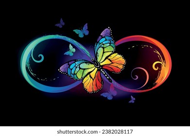 Multicolor, brillante, símbolo del infinito con arco iris, detallado monarca mariposa sobre fondo negro. Arte vector dibujado a mano