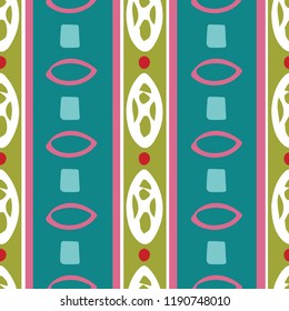 Multicolor bright vertical stripe with geometric shapes  Bold seamless vector pattern design, Teal, sky blue, red, pink, white and pea green. Fun! Kids fashion, gift wrapping paper, decor,  textiles.