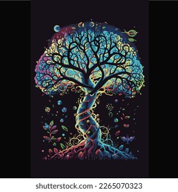 Multi-color brush lines forming a magical tree on black background