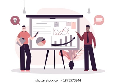 Multicolor businessmen discussing company statistics. African american man presents new project or idea for colleague. Employees meeting, presentation or business conference. Flat vector illustration