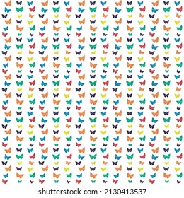 Multicolor butterfly silhouette, festive seamless pattern. Geometrical chaotic colored grid, hand drawn doodle style insect shape, rainbow color palette. Transparent background. Vector illustration