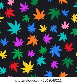 Multicolor Cannabis Leaves Seamless Pattern on Dark Grey background