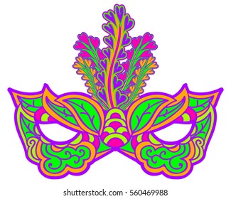 Multicolor carnival mask with feathers isolated on white. Element for Mardi Gras. Vector illustration