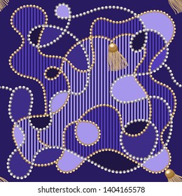 Multicolor chain  with tassel seamless . Fashion illustration. Pattern abstract design. Purple background. 