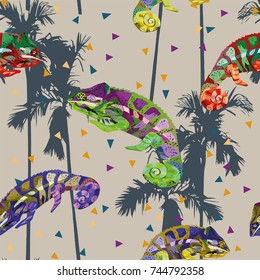 Multicolor chameleon seamless on the abstract palm background with triangles. Beach wallpaper