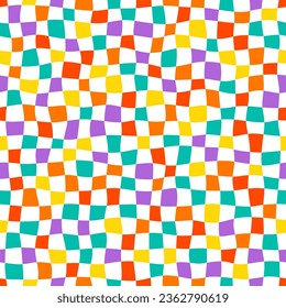 Multicolor checkerboard seamless pattern. Groovy psychedelic wavy chessboard. Hippie twisted gingham checkerboard background. Checker retro psychedelic vector illustration isolated on white background