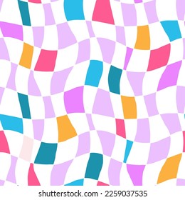 Multicolor checkerboard seamless pattern. Retro groovy waves. Geometry. Y2K 90s 00s psychedelic texture for textile, paper, fabric. Twisted check vector. Simple abstract hypnotic surface 