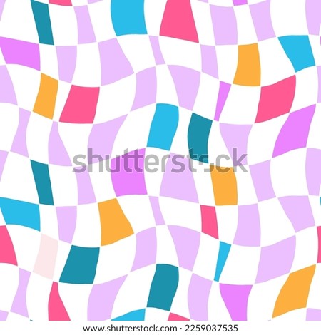 Multicolor checkerboard seamless pattern. Retro groovy waves. Geometry. Y2K 90s 00s psychedelic texture for textile, paper, fabric. Twisted check vector. Simple abstract hypnotic surface 