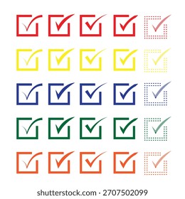 Conjunto de iconos de marca de verificación multicolor: cuadros de verificación coloridos para listas, tareas y diseño de interfaz de usuario