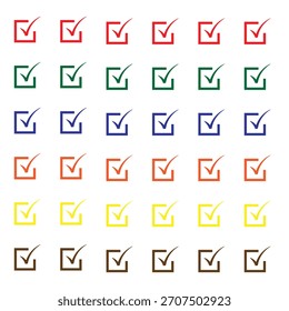 Conjunto de iconos de marca de verificación multicolor: cuadros de verificación coloridos para listas, tareas establecidas