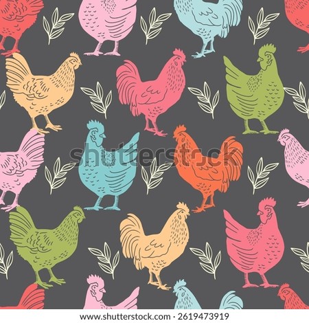 Multicolor Chickens and Rooster with Leaf Vector Seamless Pattern