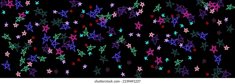 Multicolor Childish Violet Red Green Purple Black Handdrawn Stars. Kids Colorful Night Vibrant Stars Pink Bright Background. Naive Chaotic Lavender Dark Vivid Pastel Bordo Mint Sky Background.