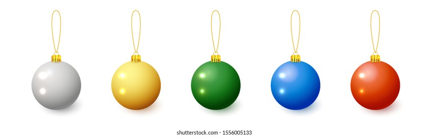 Multi-color Christmas ball with snow effect set. Xmas glass ball on white background. Holiday decoration template. Vector illustration.