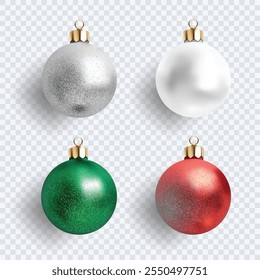 Bolinhas de ornamentos de Natal multicoloridas. Enfeites de férias brilhantes. Ilustração vetorial