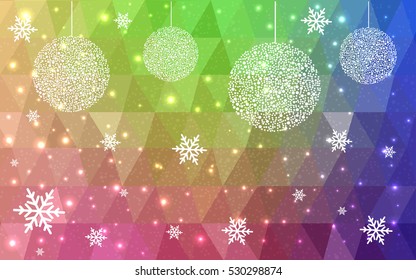 Multicolor christmas postcard low polygon background. Vector illustration consisting of triangles. Abstract triangular polygonal origami or crystal design of New Year celebration.