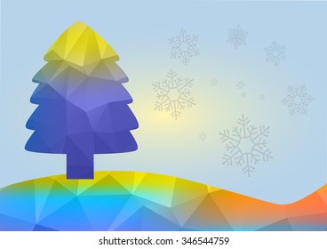 Multicolor Christmas tree with triangles style.Abstract winter polygon background with Christmas tree and snowflakes, illustration.