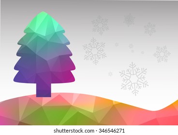 Multicolor Christmas tree with triangles style.Abstract winter polygon background with Christmas tree and snowflakes, illustration.