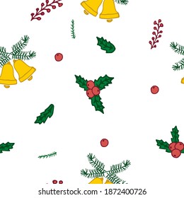 Multicolor christmas vector seamless pattern with bells and mistletoe on white background. Doodle style for decoration, wrapping, fabric.