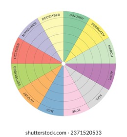 Un vector de diagrama de círculo multicolor que representa una rueda de planificación anual