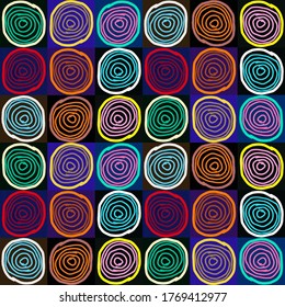 Los círculos multicolores sobre el fondo de varios colores, patrón sin fisuras.