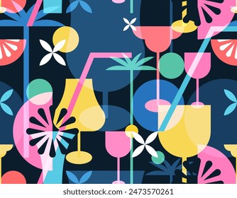 Multicolor cocktails seamless pattern. Summer tropical beach bar abstract color block geometric print background. Vector illustration. Night party banner, poster design elements