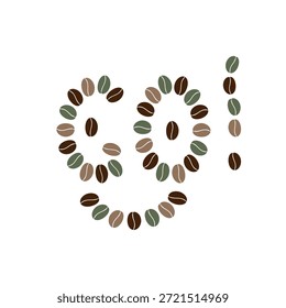 Grãos de café multicoloridos formam sorriso e texto Ir como rosto bonito smiley. Ideia do elemento do desenho da motivação. Ilustração isolada do vetor Café Saudação temática ou cartões de motivação Ícone do adesivo, etiqueta, preço