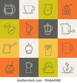 Multicolor coffee thin line vector icons set
