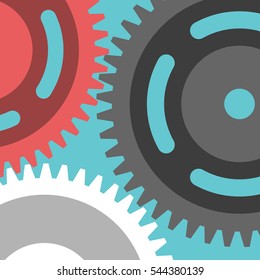 Multicolor cog wheels on turquoise blue background. Close up. Teamwork and cooperation concept. Flat design. EPS 8 vector illustration, no transparency