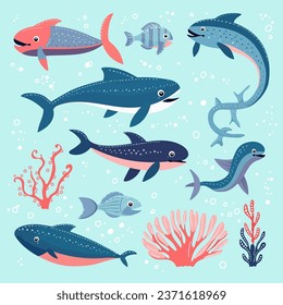 Multicolor collection of oceanic animals and plants in stylization, underwater. Colorful set of marine animals, fish and algae and corals on blue background, isolated.